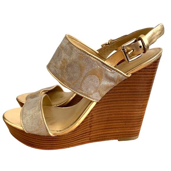 Coach Jezebel Metallic Logo Wood Heel Open Toe Buckle Wedge in Gold Silver 8.5 - Picture 1 of 10